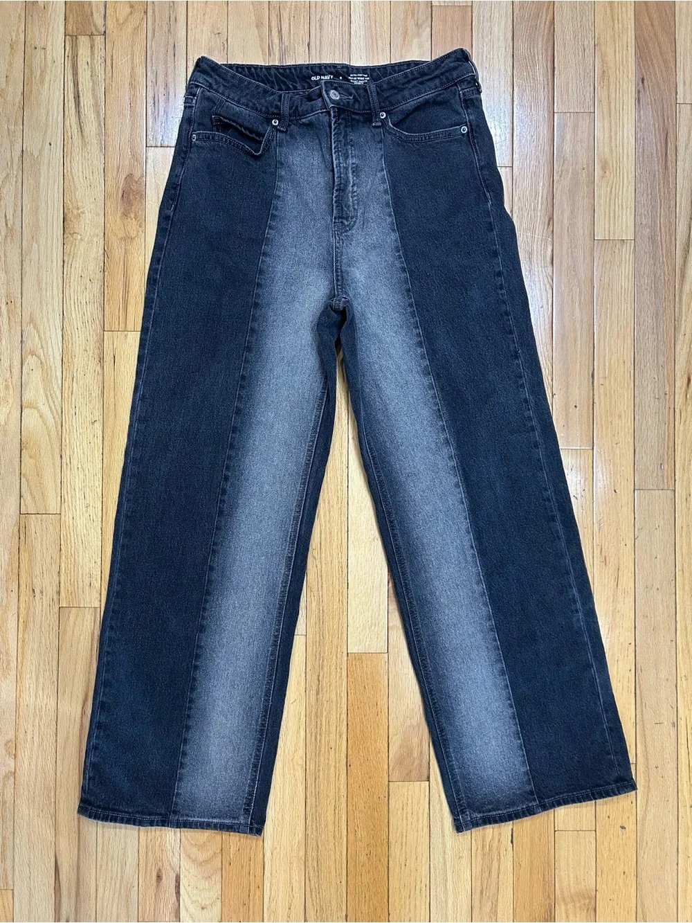 Old Navy Sky-Hi Wide Leg Jeans Two-Tone Colorblock Panel Faded Black Gray Size 8